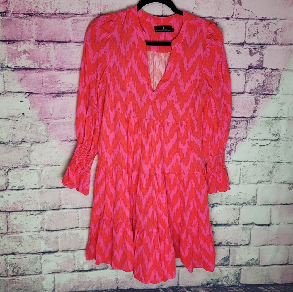 POMANDER PLACE TUCKERNUCK V NECK HOT PINK IKAT KENZO LONG SLEEVE TIERED DRESS S